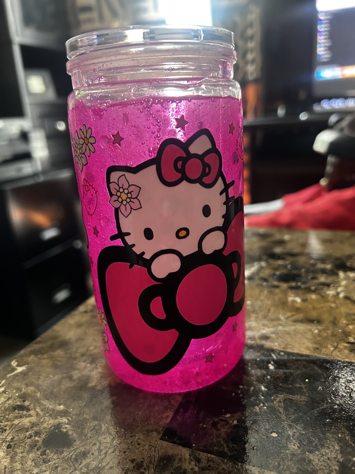 Hello Kitty pink glitter jar cup
